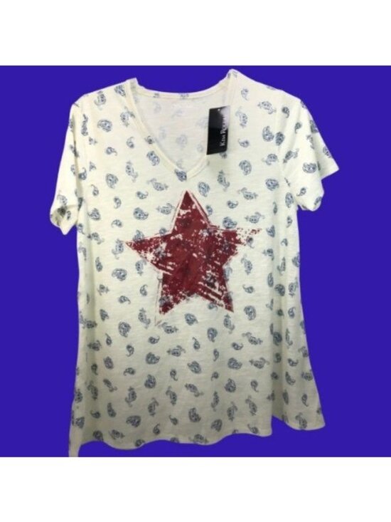 Kim Rogers Tops - NWT Kim Rogers Size M Red White & Blue Star Paisley Graphic Tee Casual Patriotic